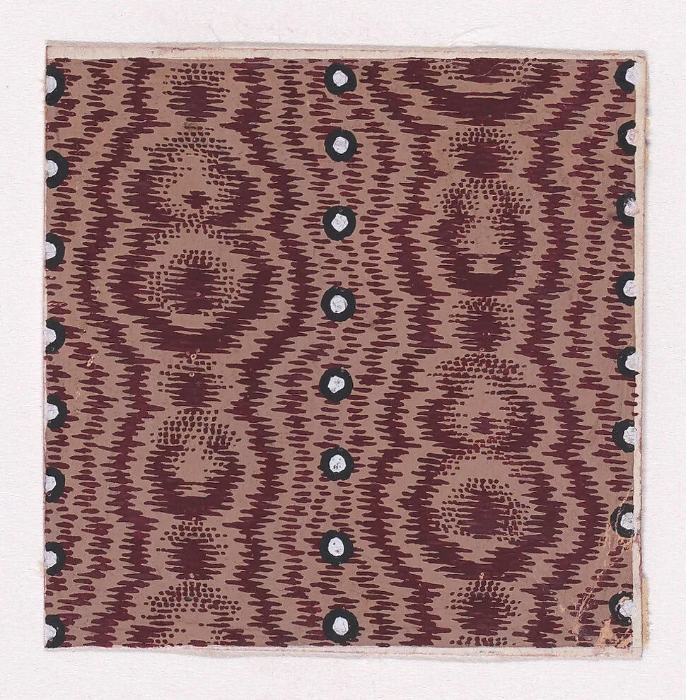 Textile Design with Alternating Vertical Stripes of Abstract Figures and Pearls — Anonymous, Alsatian, 19th century