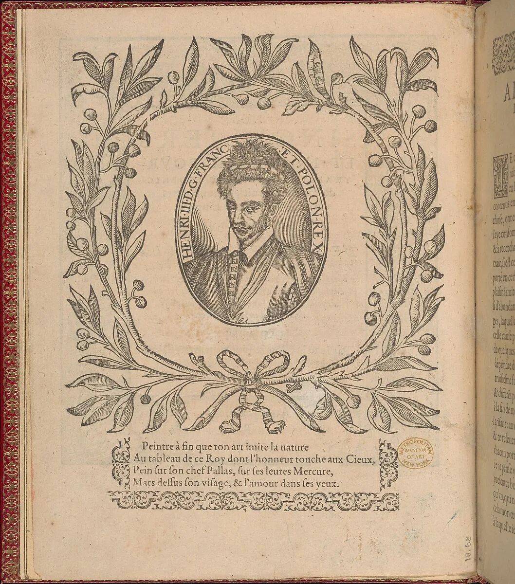 Les Singuliers et Nouveaux Portraicts... Part I title page (verso) — Jean Le Clerc|Henri III, King of France and Poland|Louise de Lorraine-Vaudemont|Chambolle-Duru|Federico de Vinciolo