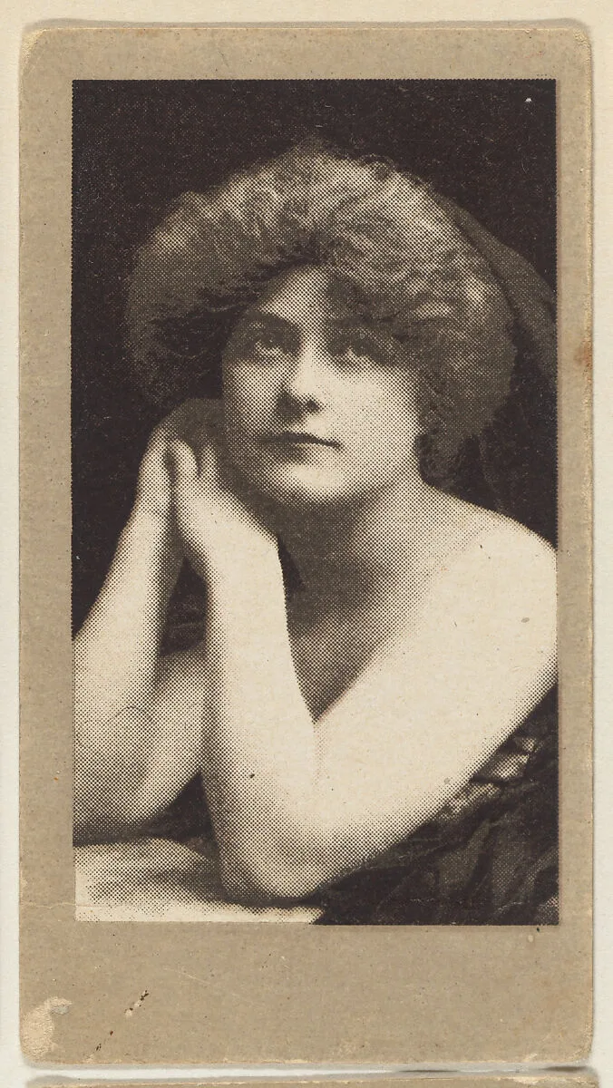 Portrait of a woman looking upwards with her cheek resting on her hands, from the "Girls" series (T66), issued with Hunter Dog Cigarros by S. Monday & Sons — S. Monday & Sons, Brooklyn, New York
