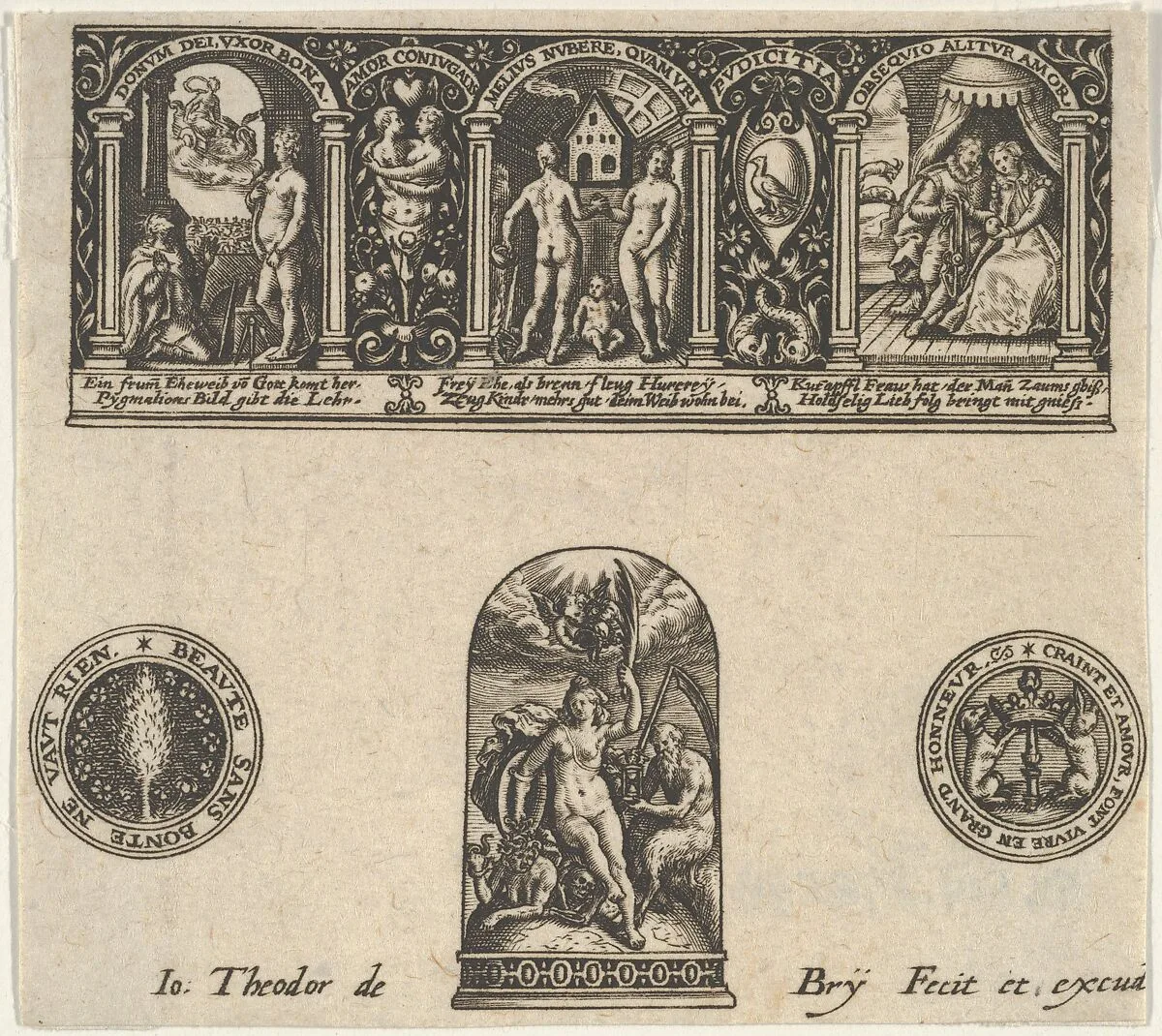Horizontal Panel with a Thimble Design Below a Frieze with Three Scenes in Arches — Johann Theodor de Bry