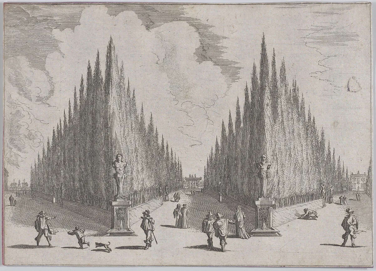 Three alleés separated by two groups of trees in pointed configurations, from 'Views of Gardens' (Vedute de' Giardini) — Johann Wilhelm Baur