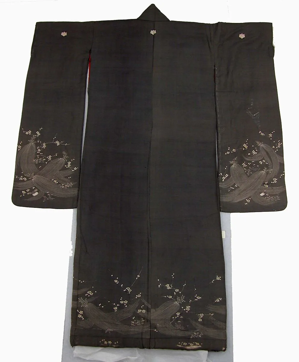 鼠縮緬地梅根芹春草模様振袖|Woman's Robe — Unknown