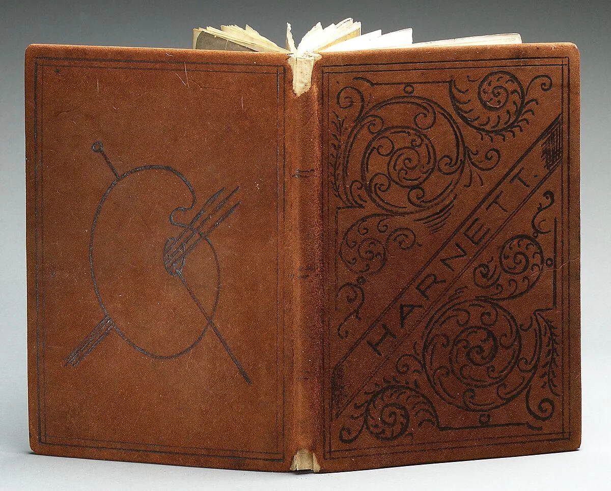 Scrapbook containing newspaper and magazine clippings, calling cards, sketches, photographs of paintings, and two sales catalogs of Harnett's (William Michael Harnett, 1848–1892) work — William Ignatius Blemly