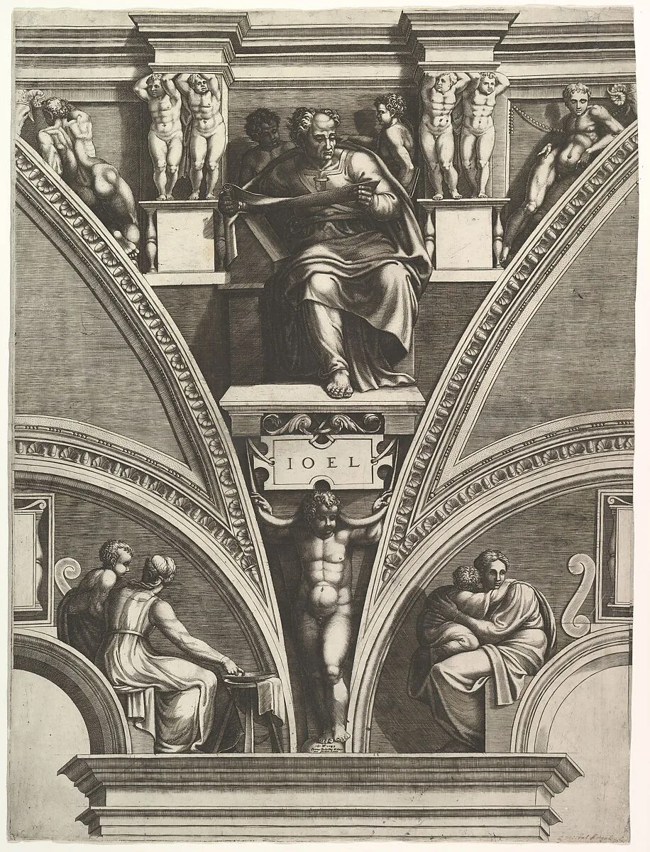 The Prophet Joel; from the series of Prophets and Sibyls in the Sistine Chapel — Giorgio Ghisi|Michelangelo Buonarroti|Pietro Facchetti