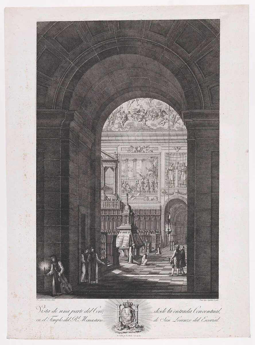 View of the Choir inside the church of the monastery of El Escorial, from a series of "Views of El Escorial" — Tomás López Enguidanos|Calcografía Real, Madrid|José Gómez Navia