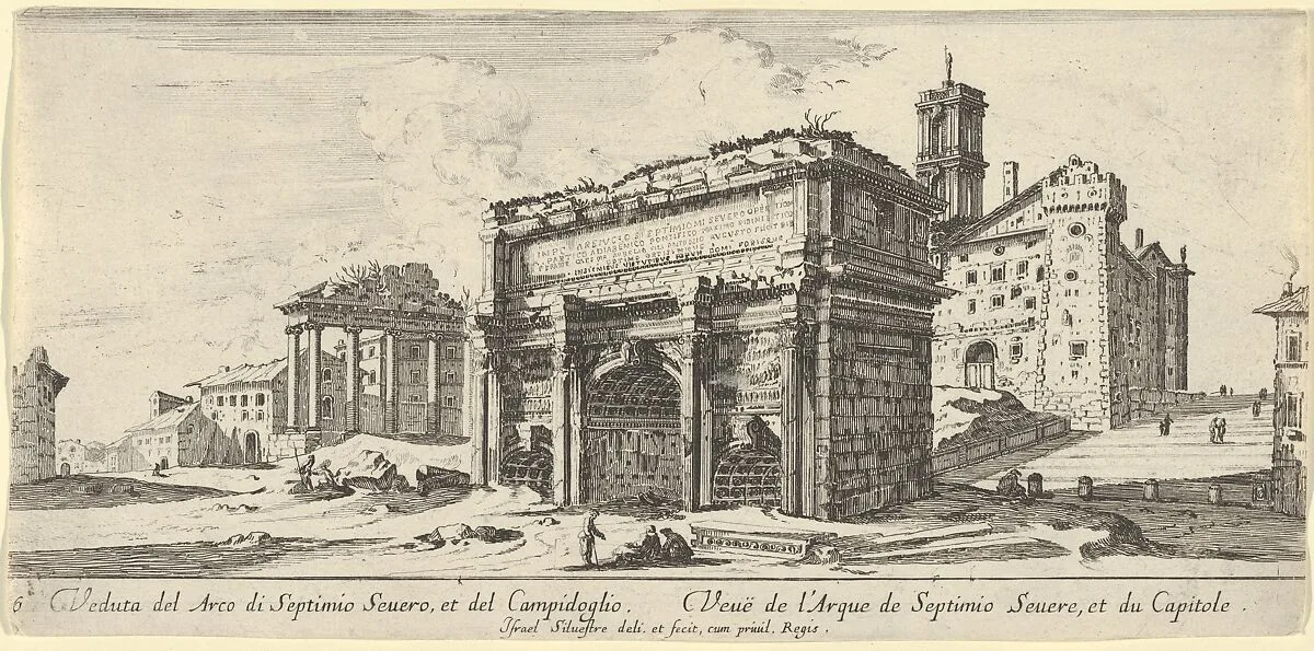 View of the Forum Romanum with the Arch of Septimius Severus from the East — Israel Silvestre