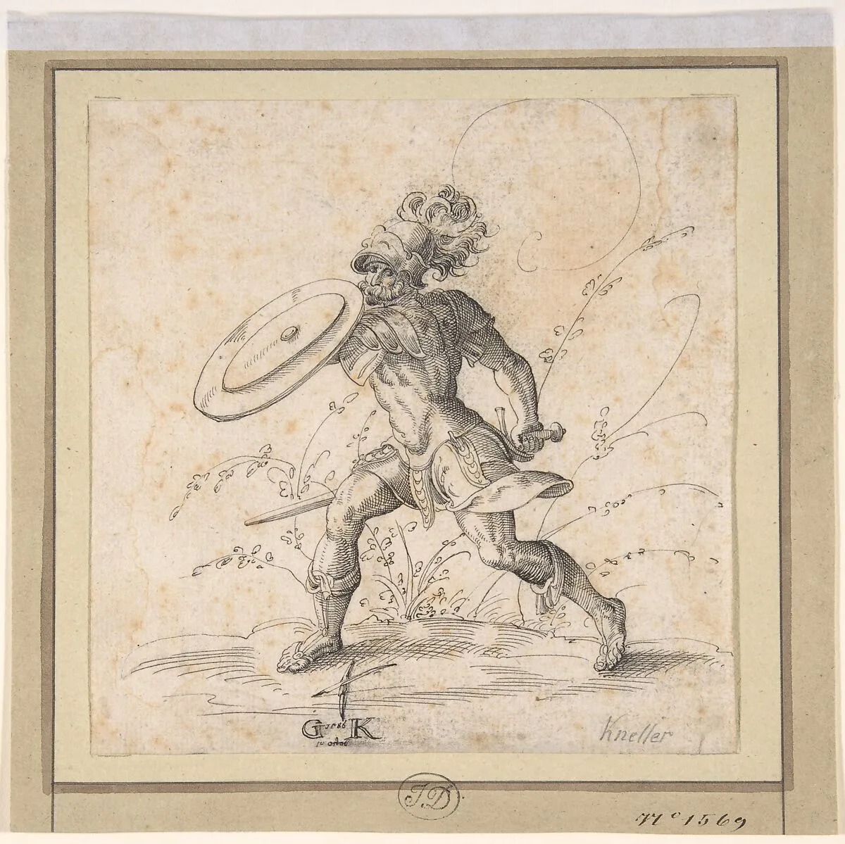 A Soldier Brandishing a Shield in a Landscape — Georg Keller|Anonymous, German, 16th century|Monogrammist GK