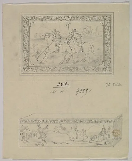Design for a Silver Box with its Lid Adorned with Polo Players and its Side with a Costal Landscape