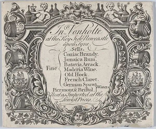 Trade card of Inigo Vonholte, Fine Waters, at the Key Side, Newcastle-upon-Tyne — Inigo Vonholte