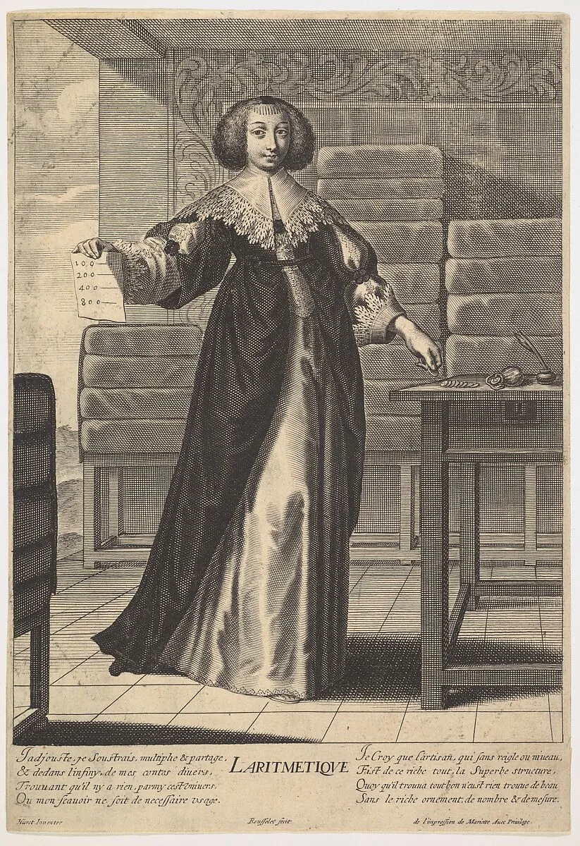 Arithmetic: a young woman standing at a table, holding a sheet with inscribed numbers in her right hand, in a decorated interior, from "The liberal arts" (Les arts liberaux) — Gilles Rousselet|Pierre Mariette|Grégoire Huret
