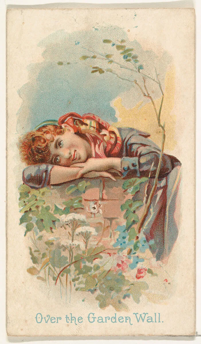Over the Garden Wall, from the Illustrated Songs series (N116) issued by W. Duke, Sons & Co. to promote Honest Long Cut Tobacco — American Tobacco Company|W. Duke, Sons & Co.|George S. Harris & Sons