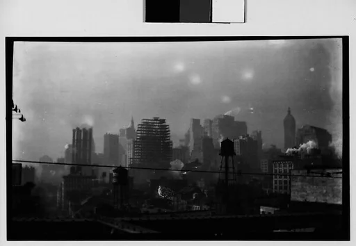 [Manhattan Skyline with Brooklyn Bridge Trussing and Cables, New York City]