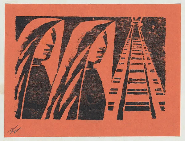'The wives of the deportees', two women in profile standing by train tracks, from the folio '13 Grabados' — David Alfaro Siqueiros