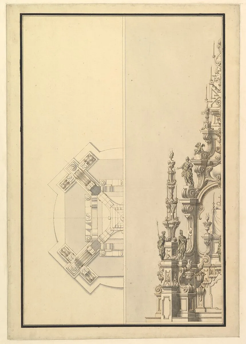 Half Plan and Half Elevation for a Catafalque with Royal Crown Surmounting the Casket — Giuseppe Galli Bibiena