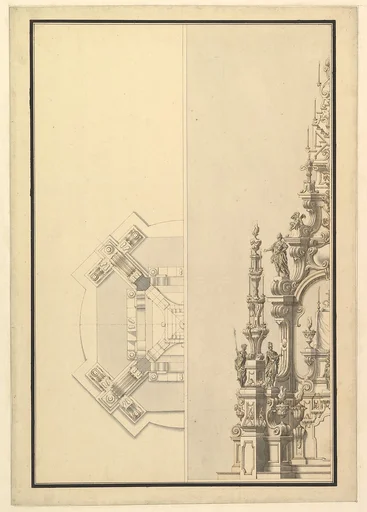 Half Plan and Half Elevation for a Catafalque with Royal Crown Surmounting the Casket