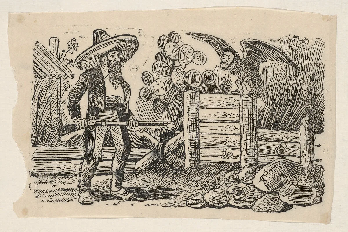 The Sorcerer, a man with a gun confronting a bird with the face of a man — Jean Charlot|José Guadalupe Posada