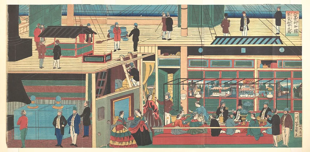 Amerika koku jōkisen naka no zu|Interior of an American Steamship — Utagawa Yoshikazu