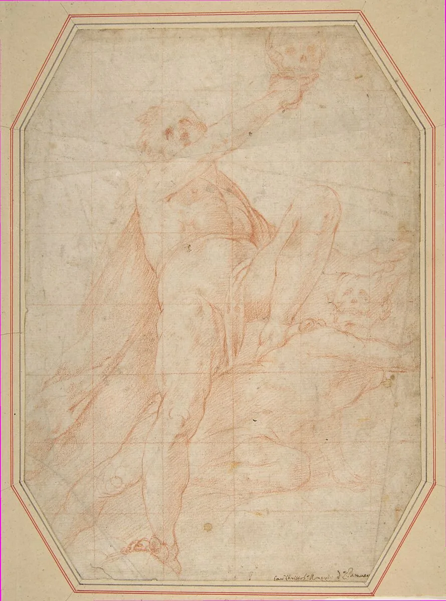 Two Nudes Seen from Below (recto); Male Figure with Upraised Arm (verso) — Pomarancio (Cristoforo Roncalli)