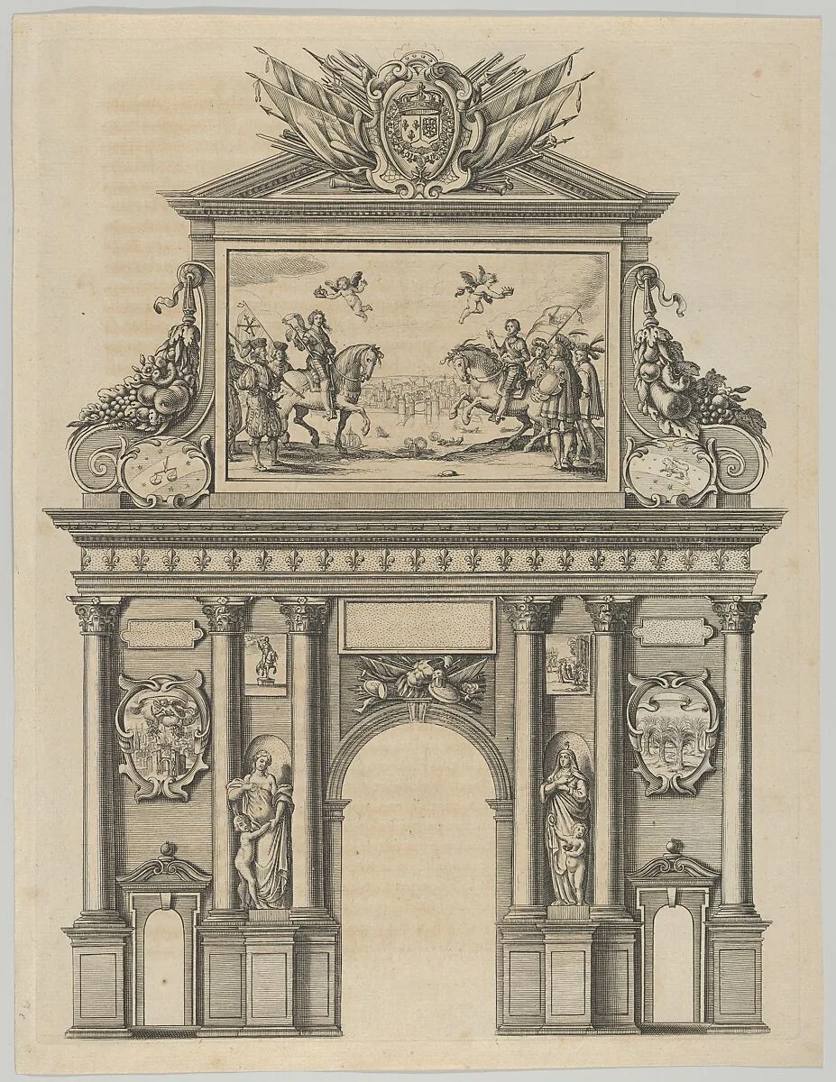 Triumphal arch, from 'Éloges et discours sur la triomphante réception du Roy en sa ville de Paris ...' by Jean-Baptiste de Machault — Melchior Tavernier|Jean-Baptiste de Machault|Abraham Bosse|Pierre Firens I