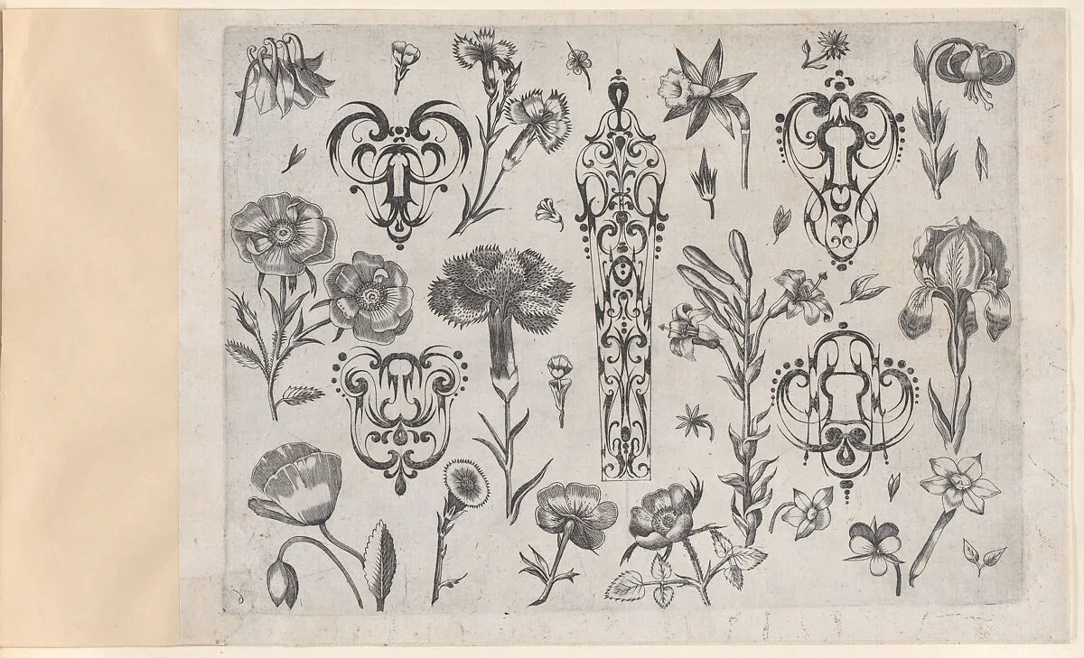 Blackwork Designs with Flowers, Plate 6 from a Series of Blackwork Ornaments combined with Figures, Birds, Animals and Flowers — Meinert Gelijs|Jakob Hoefnagel|Jacques Callot