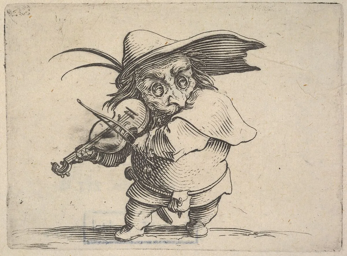 Small, masked male figure playing a violin, from the series 'Varie figure gobbi' — Jacques Callot