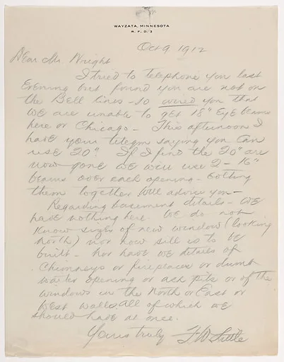 Letter; Francis W. Little to Frank Lloyd Wright, October 9, 1912 (copy)
