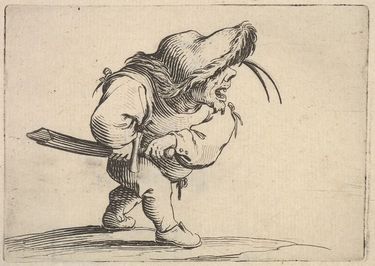 Small male figure stopping to draw his sword, in profile view with open mouth and left foot positioned forward, from the series 'Varie figure gobbi' — Jacques Callot