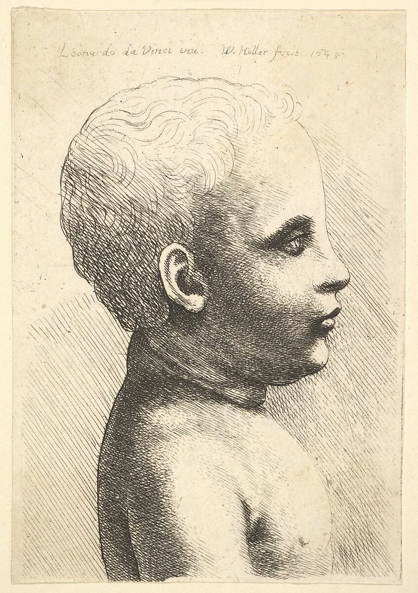 Head and shoulder of a child, in profile to right — Leonardo da Vinci|Wenceslaus Hollar