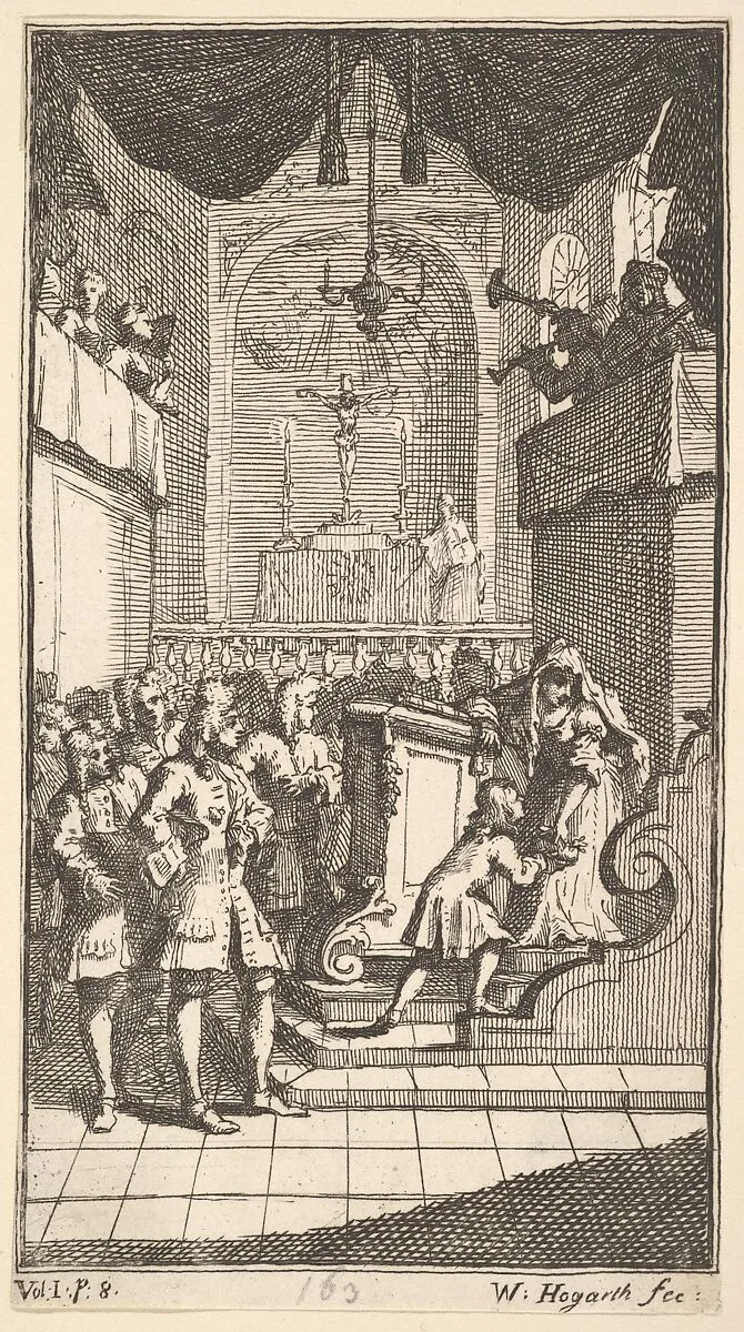 The New Metamorphosis, Plate 2: Fantasio at Church — William Hogarth|Lucius Madaurensis Apuleius|Charles Gildon