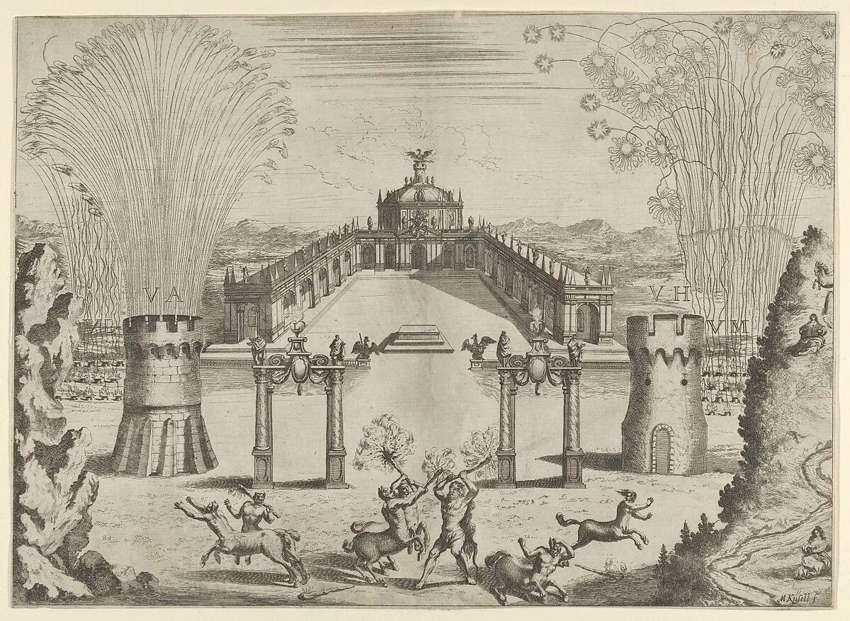 Pantomime with fireworks performed for the marriage of Emperor Leopold I to the Infanta Margarita of Spain in Vienna, 1666 — Melchior Küsel
