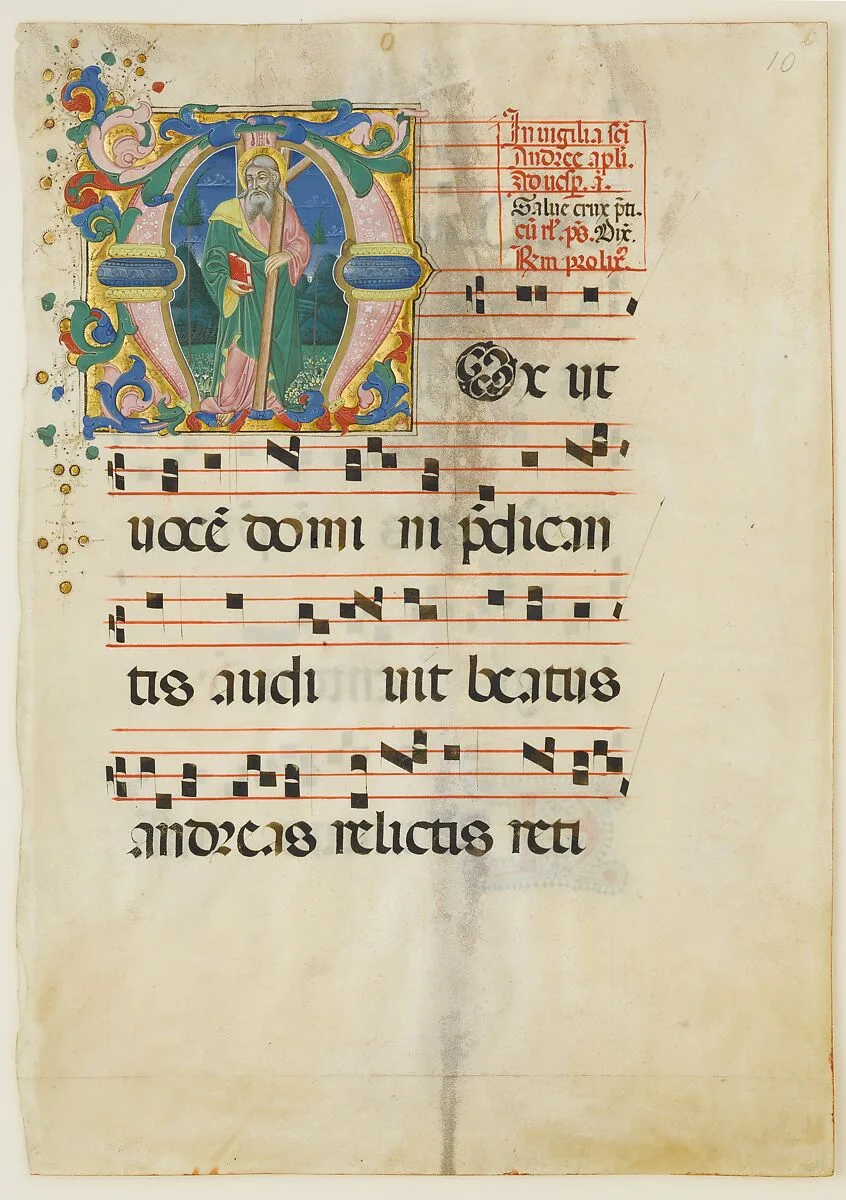 Manuscript Leaf with the Feast of Saint Andrew in an Initial M, from an Antiphonary — Master of the Riccardiana Lactantius