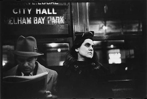 [Five 35mm Film Frames: Subway Passengers, New York City: Man Reading Newspaper, Woman Beneath "City Hall" Sign, Two Women in Headscarfs]