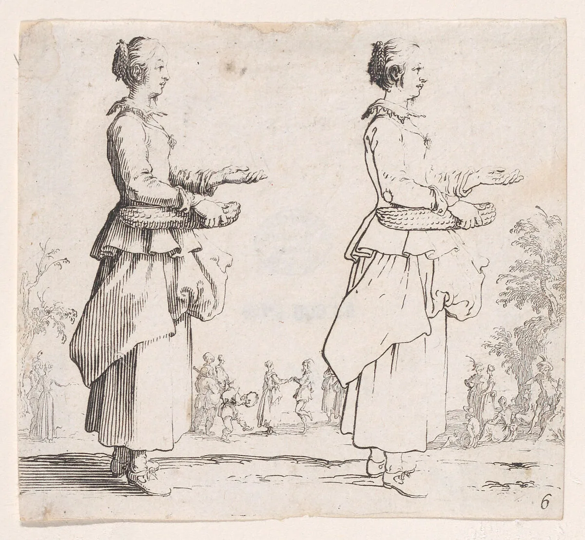 La Paysanne Tournée a Droite et Tenant un Panier (The Peasant Woman Turned to the Right and Holding a Basket), from Varie Figure (Various Figures), plate 6 — Jacques Callot