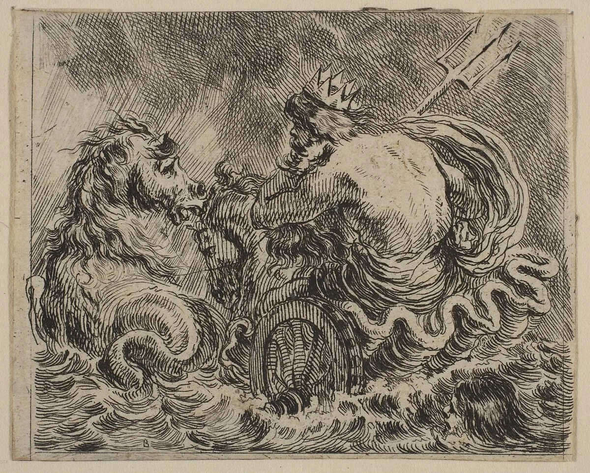 Neptune, from 'Game of Mythology' (Jeu de la Mythologie) — Stefano della Bella|Jean Desmarets de Saint-Sorlin|Henri Le Gras|Louis XIV, King of France|Cardinal Jules Mazarin
