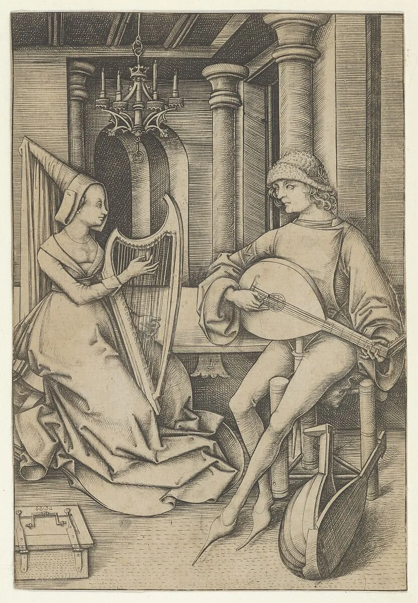 Lute Player and Harpist, from Scenes of Daily Life — Israhel van Meckenem