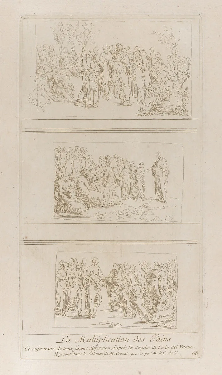 Three separate studies for the miracles of the loaves, showing Christ standing in different positions surrounded by a large crowd; from 'Recueil d'estampes d'après les plus beaux tableaux et d'après les plus beaux desseins qui sont en France, Cabinet Crozat' after drawings by Perino del Vaga — Anne Claude Philippe de Tubières, comte de Caylus|Perino del Vaga (Pietro Buonaccorsi)