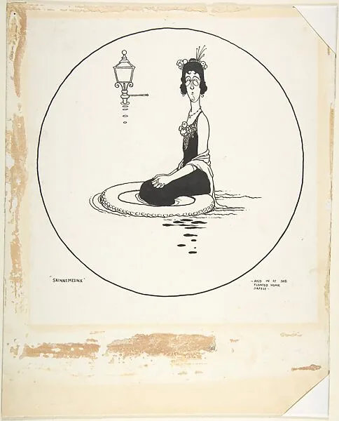 "And in it She Floated Home Safely" (for "Skinnemelink" in "Topsy-Turvy Tales") — William Heath Robinson|John Lane, The Bodley Head|Elsie Smeaton Munro