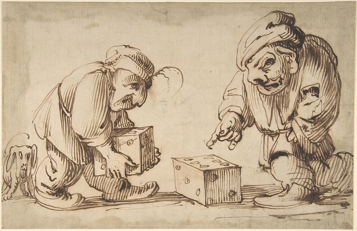 Two Dwarfs Playing Dice, a Dog at Left (recto), Study of a Leg (verso) — Faustino Bocchi