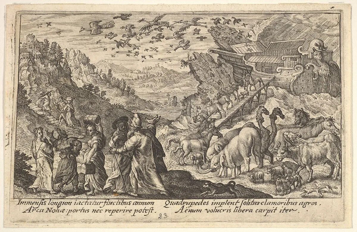 Noah leaving the ark with his family and animals: at left Noah's family carries supplies, at right animals descend on a ramp from the ark, above birds fly from the ark, from "Liber Genesis" — Crispijn de Passe the Elder
