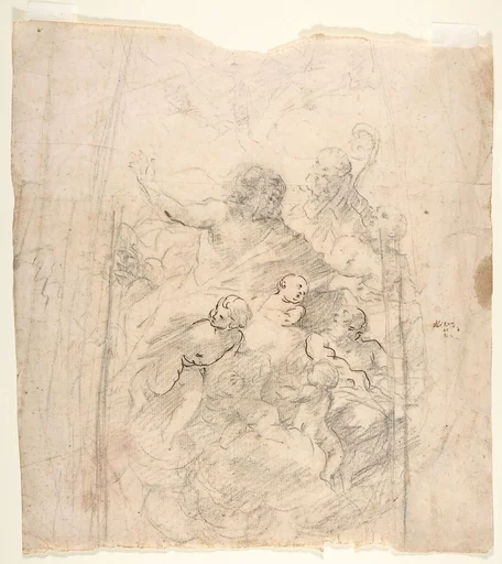 A Bearded Prophet in Glory Attended by a Bishop, Two Other Male Saints, and Angels (Design for a Section of a Dome)