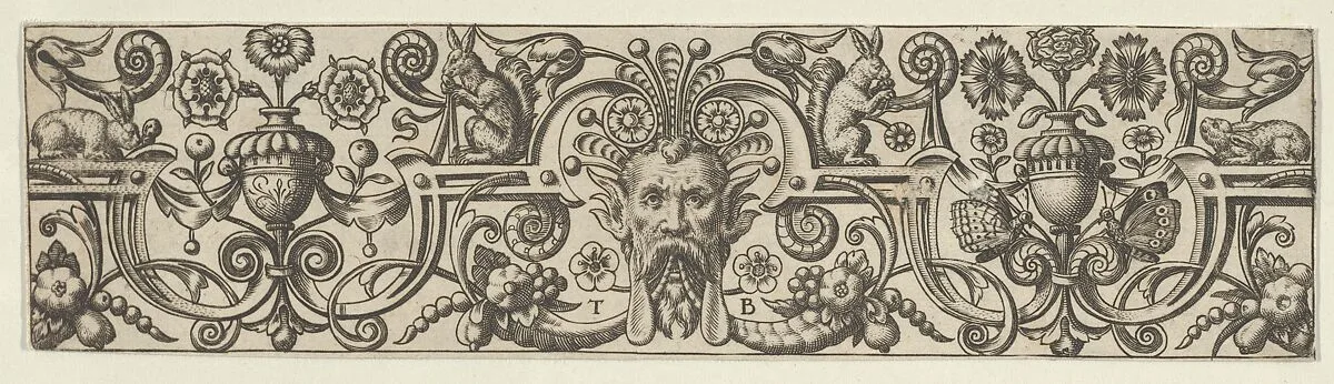 Frieze with a Bearded Mask Wearing a Headdress of Tendrils and Strapwork — Theodor de Bry