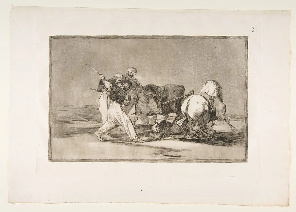 Plate 3 from " La Tauromaquia": The Moors settled in Spain, giving up the superstitions of the Koran, adopted this art of hunting, and spear a bull in the open — Goya (Francisco de Goya y Lucientes)