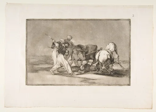 Plate 3 from " La Tauromaquia": The Moors settled in Spain, giving up the superstitions of the Koran, adopted this art of hunting, and spear a bull in the open