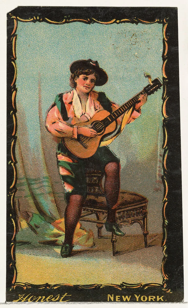 Actress playing guitar, from the Transparencies series (N137) issued by W. Duke, Sons & Co. to promote Honest Long Cut Tobacco — W. Duke, Sons & Co.
