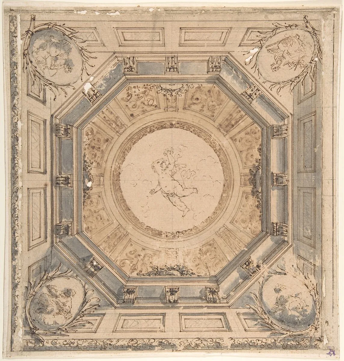 Design for a Square Trompe L'Oeil Ceiling with the Four Evangelists — Anonymous, Italian, Bolognese 18th century artist