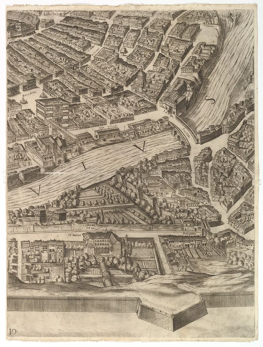 Plan of the City of Rome. Part 10 with the Tiber and the Villa Farnesina — Giovanni Domenico de Rossi|Cardinal Camillo Pamphili|Antonio Tempesta