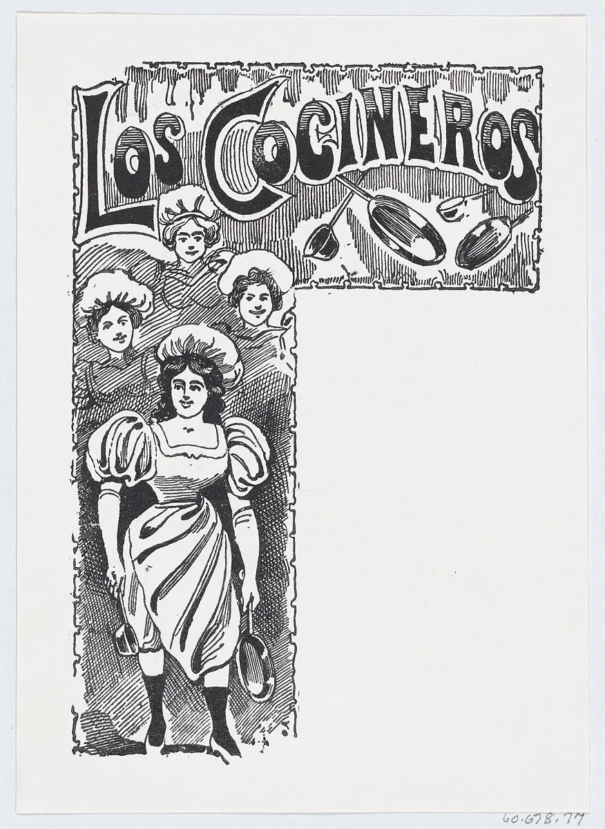 A woman holding a pan and ladle with other women and cooking supplies in the background — José Guadalupe Posada|José Sanchez