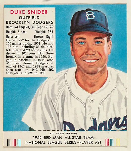 Duke Snider, from the Red Man All-Star Team series (T232), issued by Red Man Chewing Tobacco — Red Man Chewing Tobacco