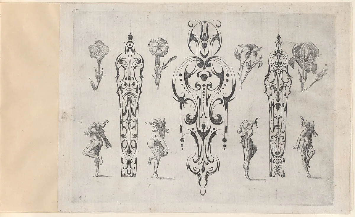 Blackwork Designs with Flowers and Commedia dell'Arte Figures, Plate 4 from a Series of Blackwork Ornaments combined with Figures, Birds, Animals and Flowers — Meinert Gelijs|Jakob Hoefnagel|Jacques Callot