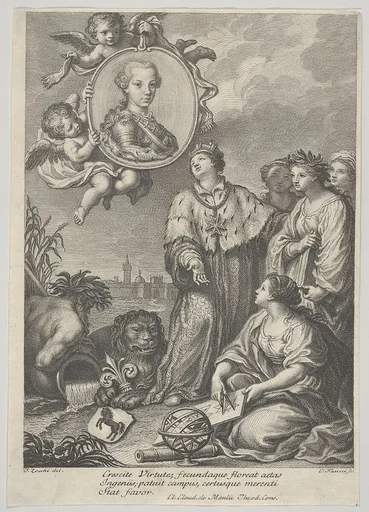 Portrait of the future Holy Roman Emperor Leopold II as the Archduke of Austria and Grand Duke of Tuscany, set within a roundel upper left, allegorical figures representing the arts and sciences below